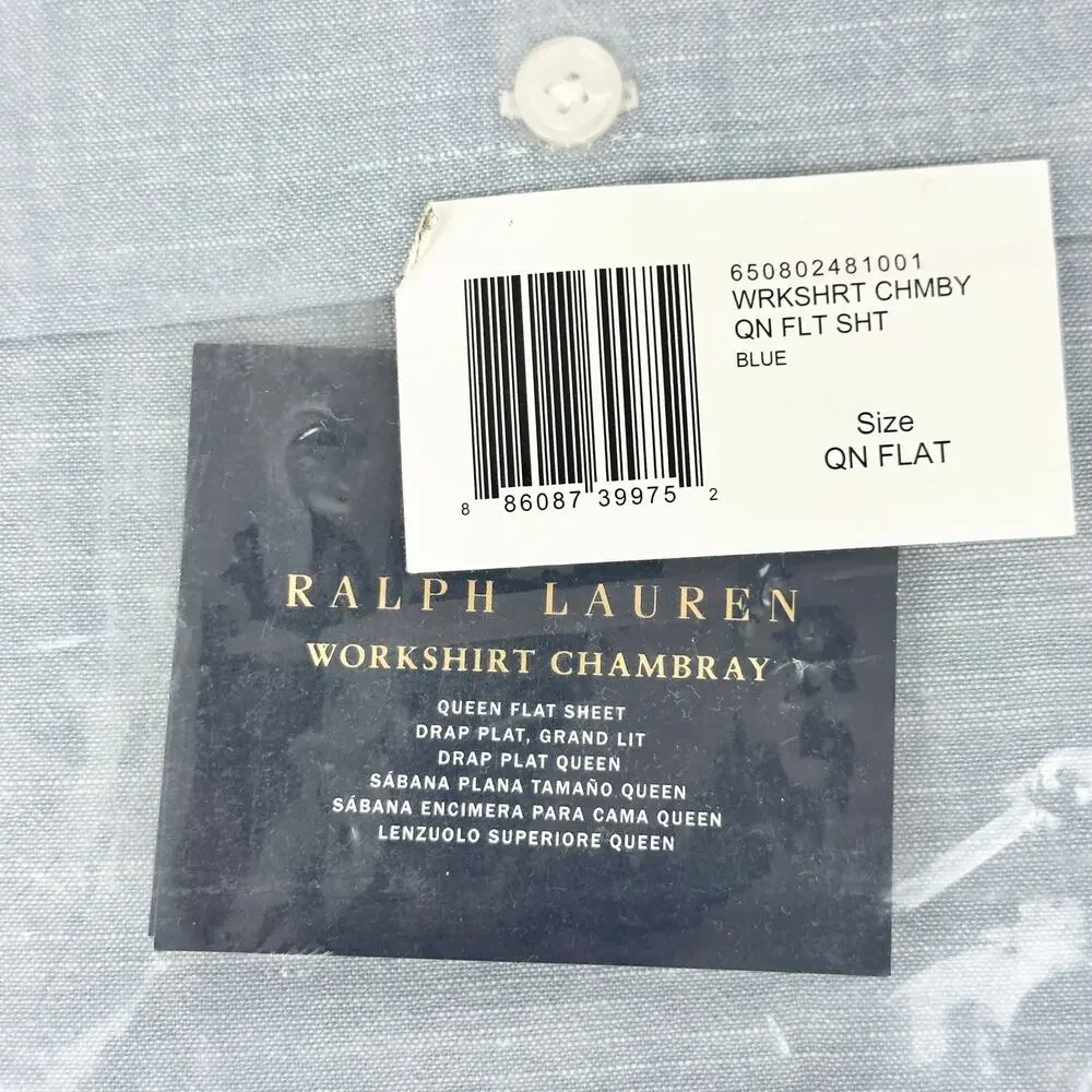 Ralph Lauren Queen Flat Sheet Workshirt Chambray Cotton Blue $215 NEW NWT